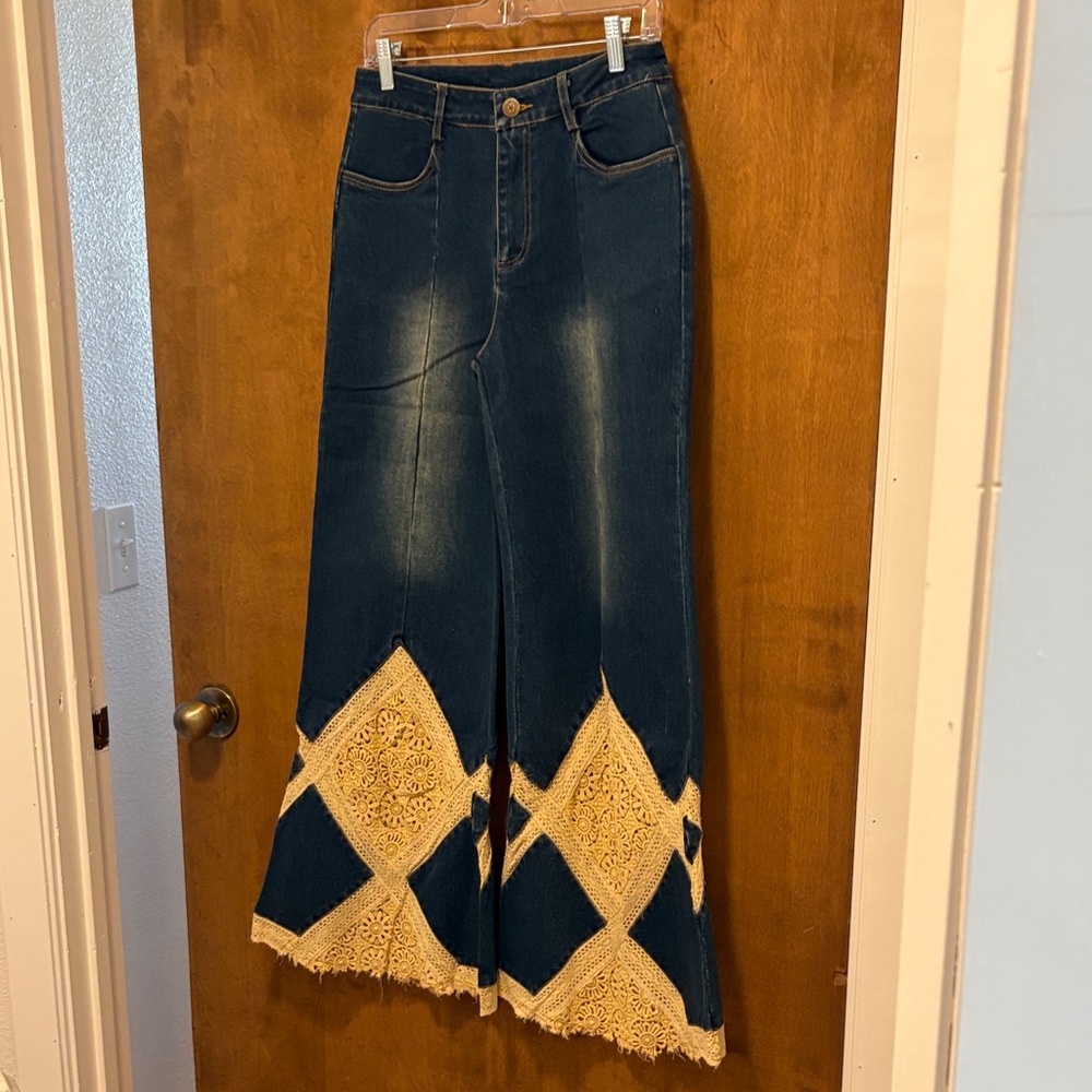 451. Jaded Gypsy Women's Dark Blue Flare Jeans with Cream Crochet Trim
